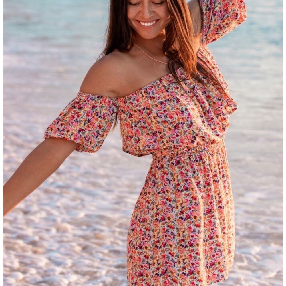 Roxy Floral Off-Shoulder Romper in Pink, Yellow and Green
